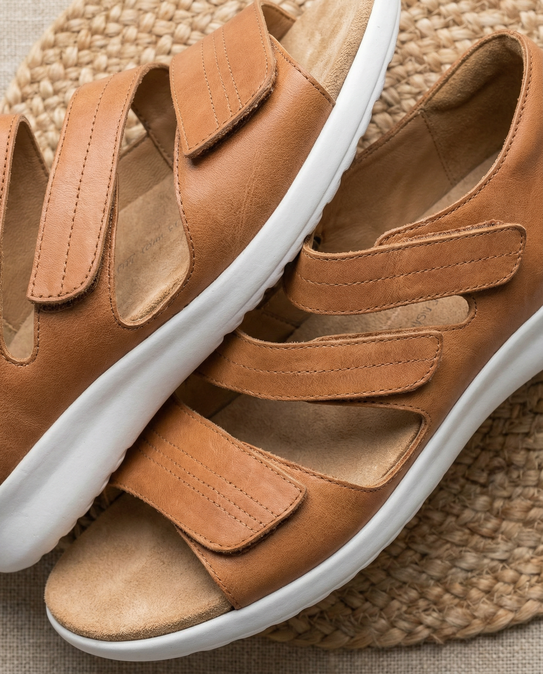 Brown sandals with white soles on a woven surface