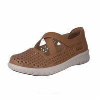 Ziera Sachet closed-toe shoe in tan leather with floral cutout detailing, breathable design, cushioned footbed, and low-profile sole on a white background