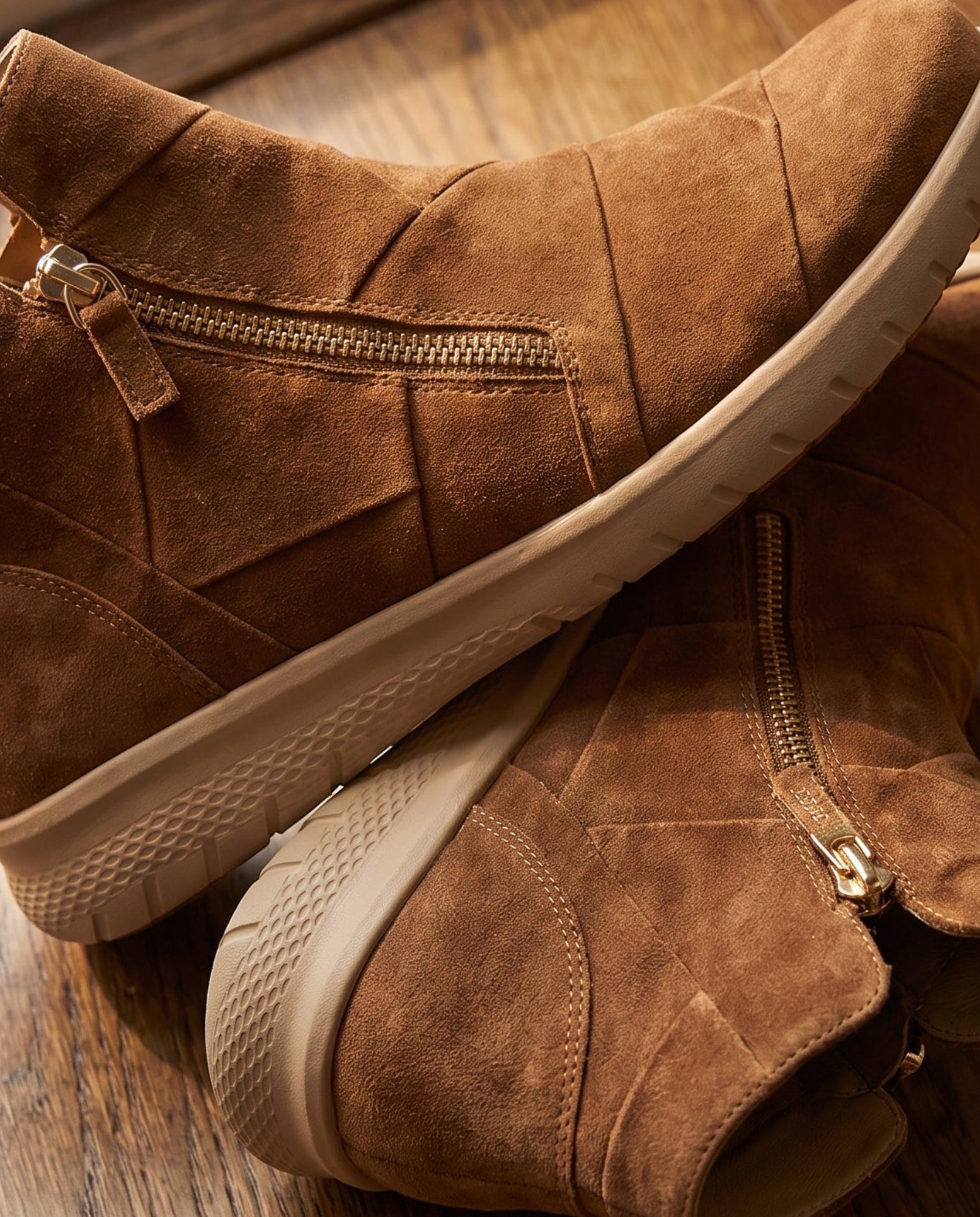 A pair of brown suede ankle boots with side zippers, stacked on a wooden floor.