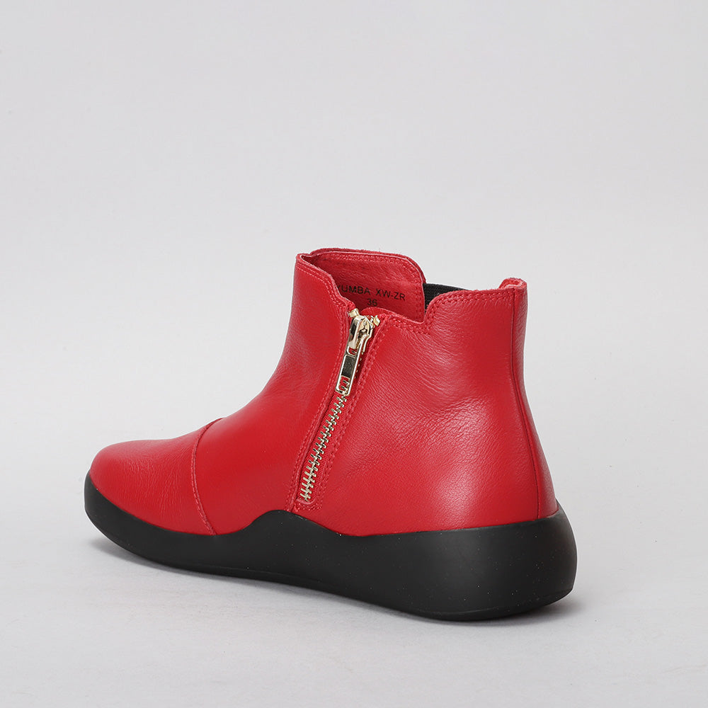 Ziera Yumba casual boot in red leather with black elastic side panels, round toe, side zip, and black supportive sole on a white background