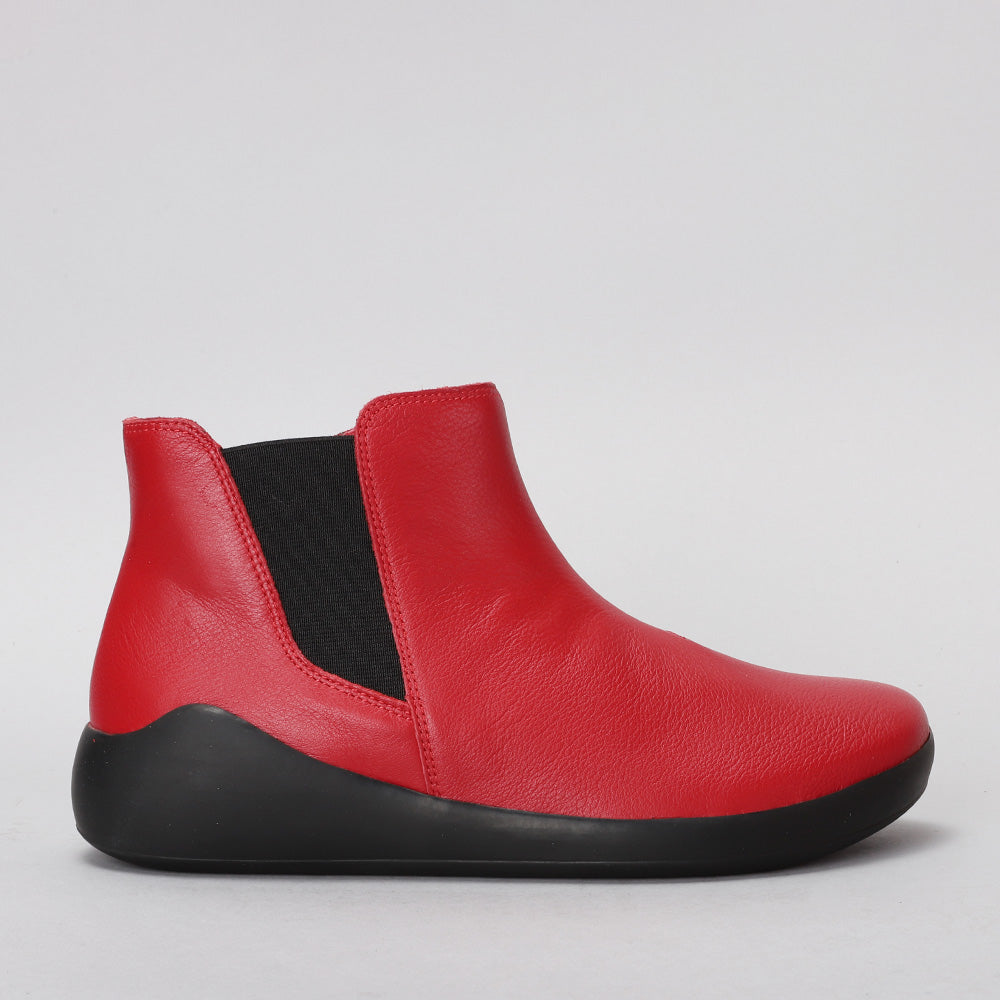 Ziera Yumba casual boot in red leather with black elastic side panels, round toe, side zip, and black supportive sole on a white background