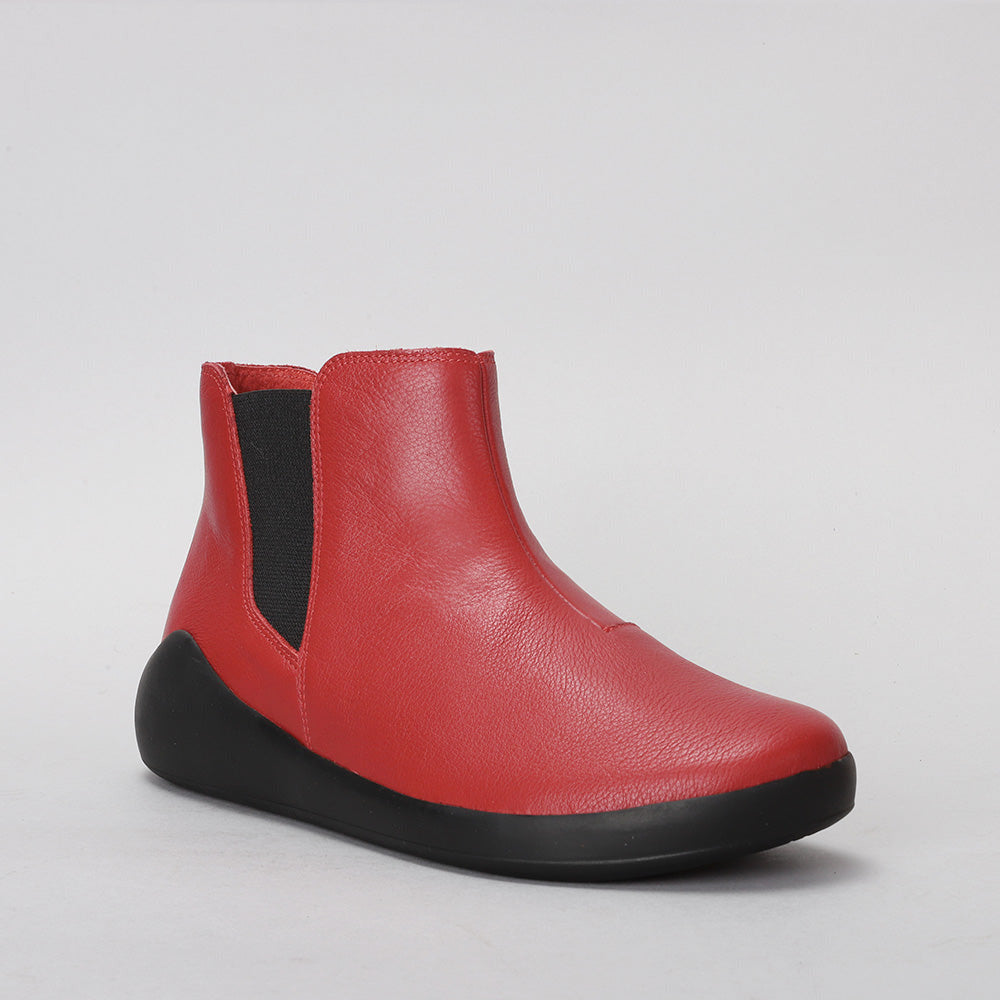 Ziera Yumba casual boot in red leather with black elastic side panels, round toe, side zip, and black supportive sole on a white background