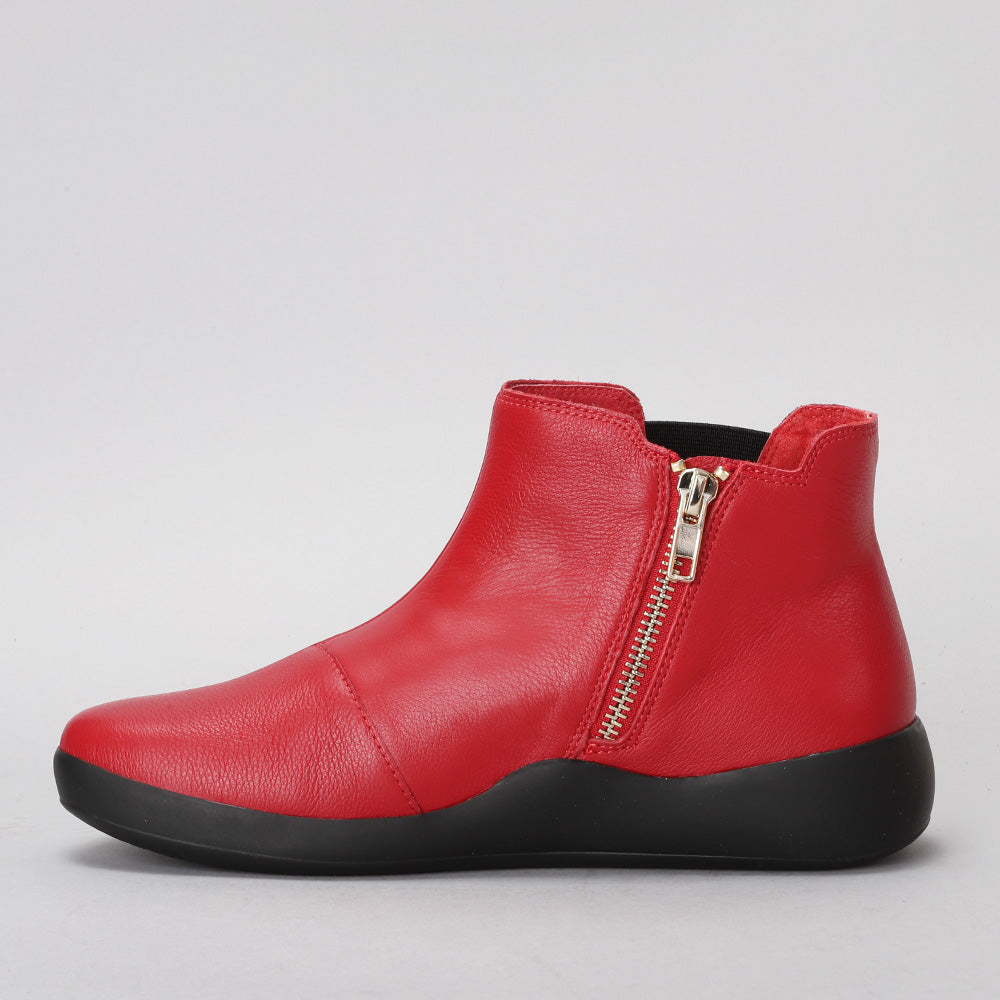 Ziera Yumba casual boot in red leather with black elastic side panels, round toe, side zip, and black supportive sole on a white background