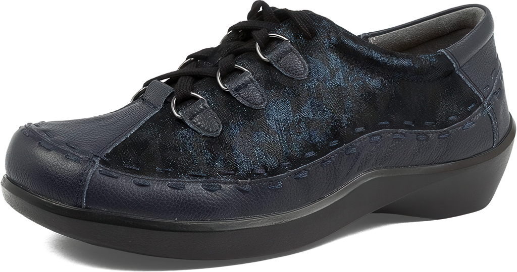 Navy blue shoe with black accents on a white background