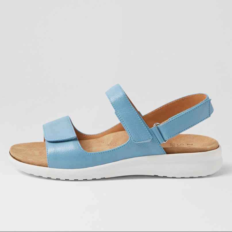 Blue sandal with white sole on a light gray background