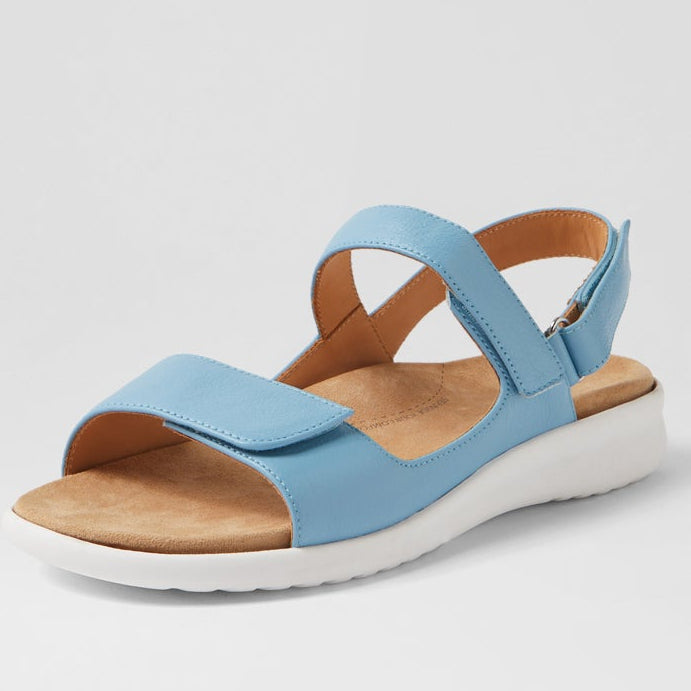 Blue sandal with a white sole on a light gray background