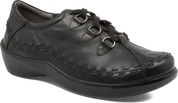 Black leather shoe with laces on a white background