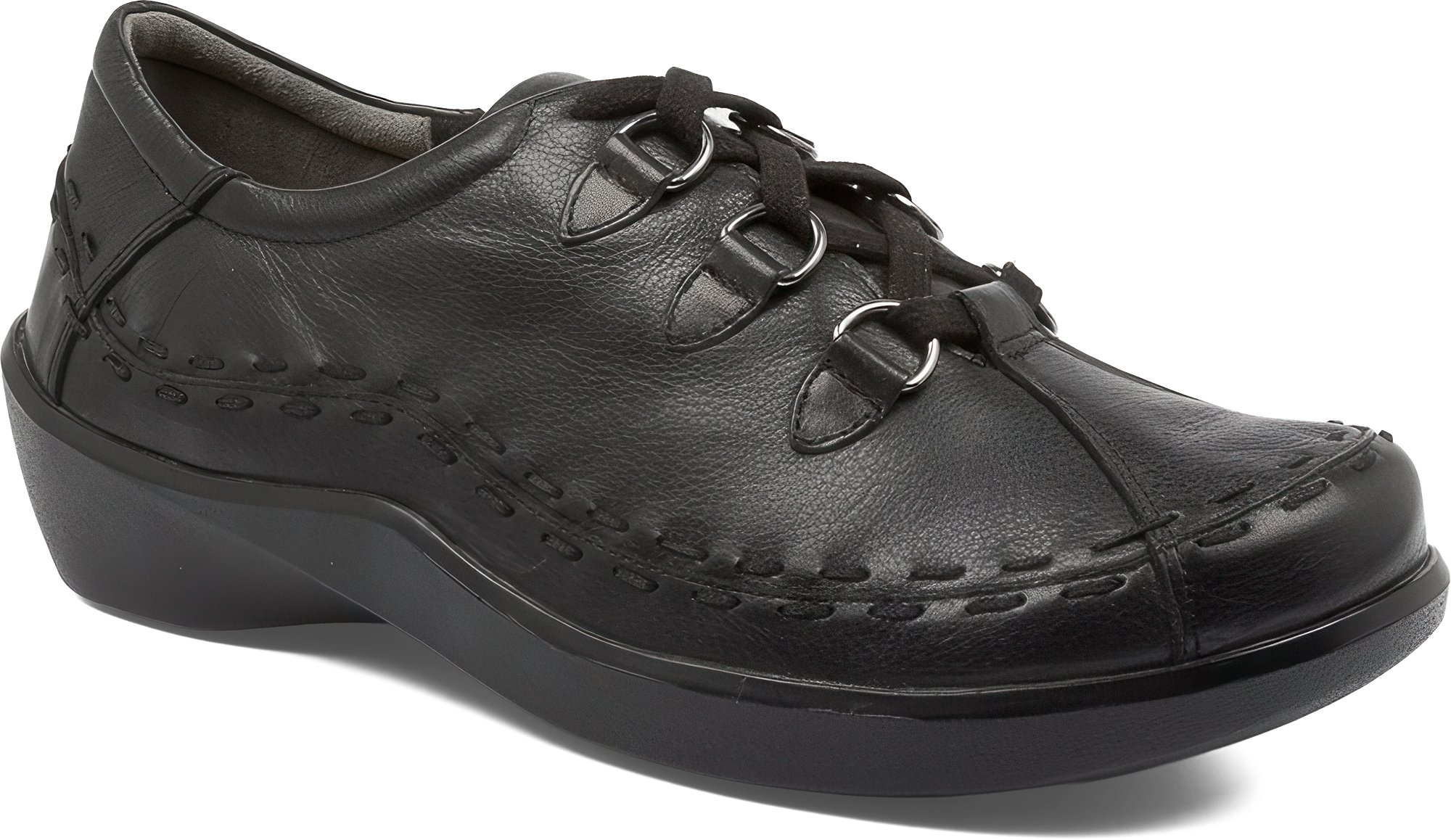 Black leather shoe with laces on a white background