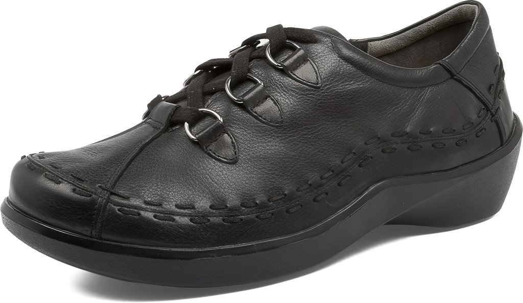 Black leather shoe with laces on a white background