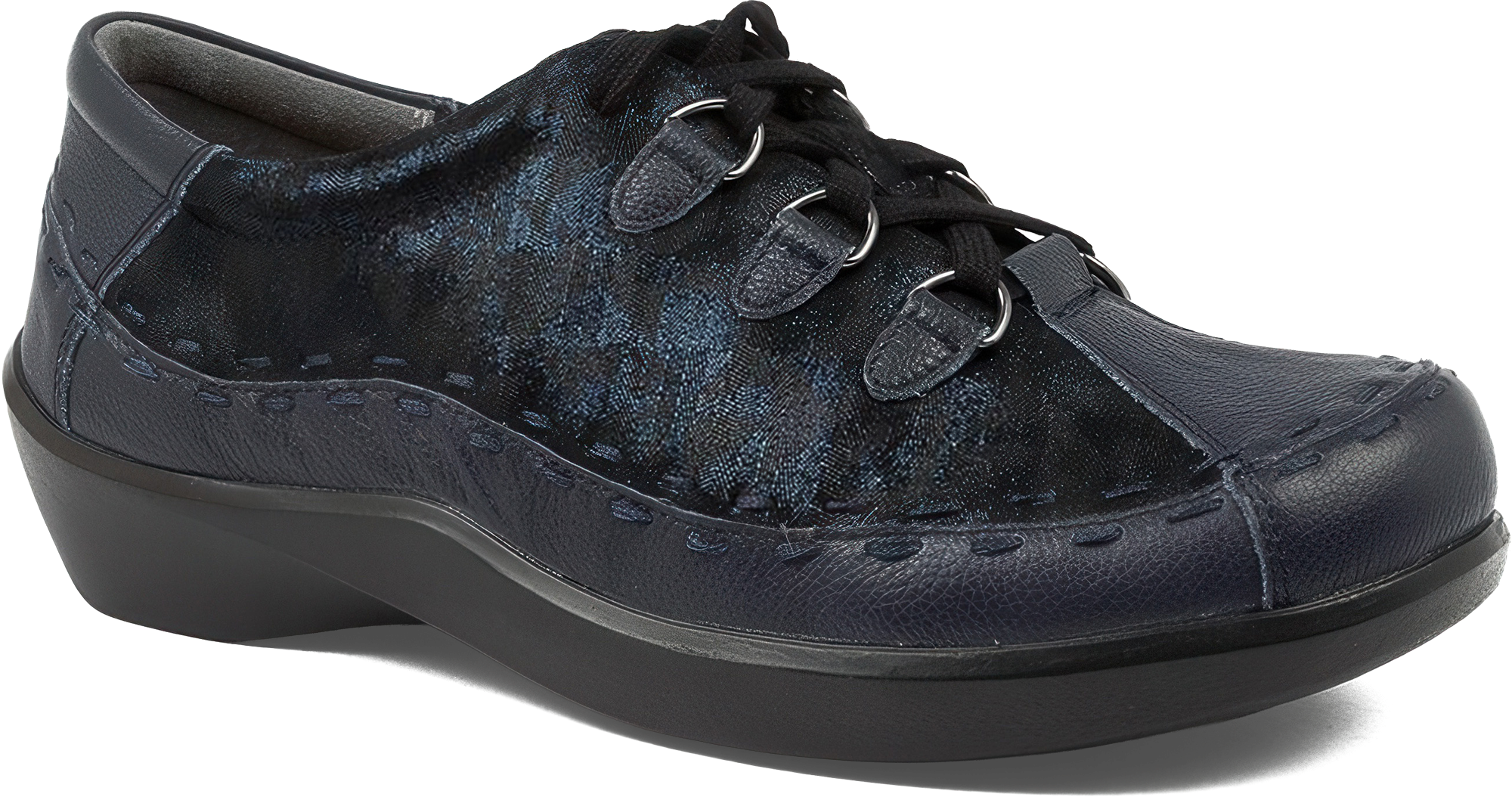 Navy blue shoe with black accents on a white background