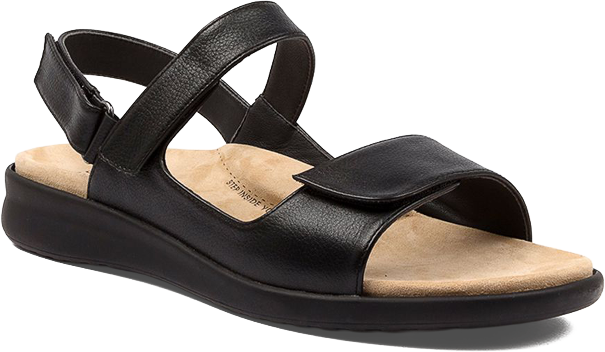Black sandal with a tan insole on a white background