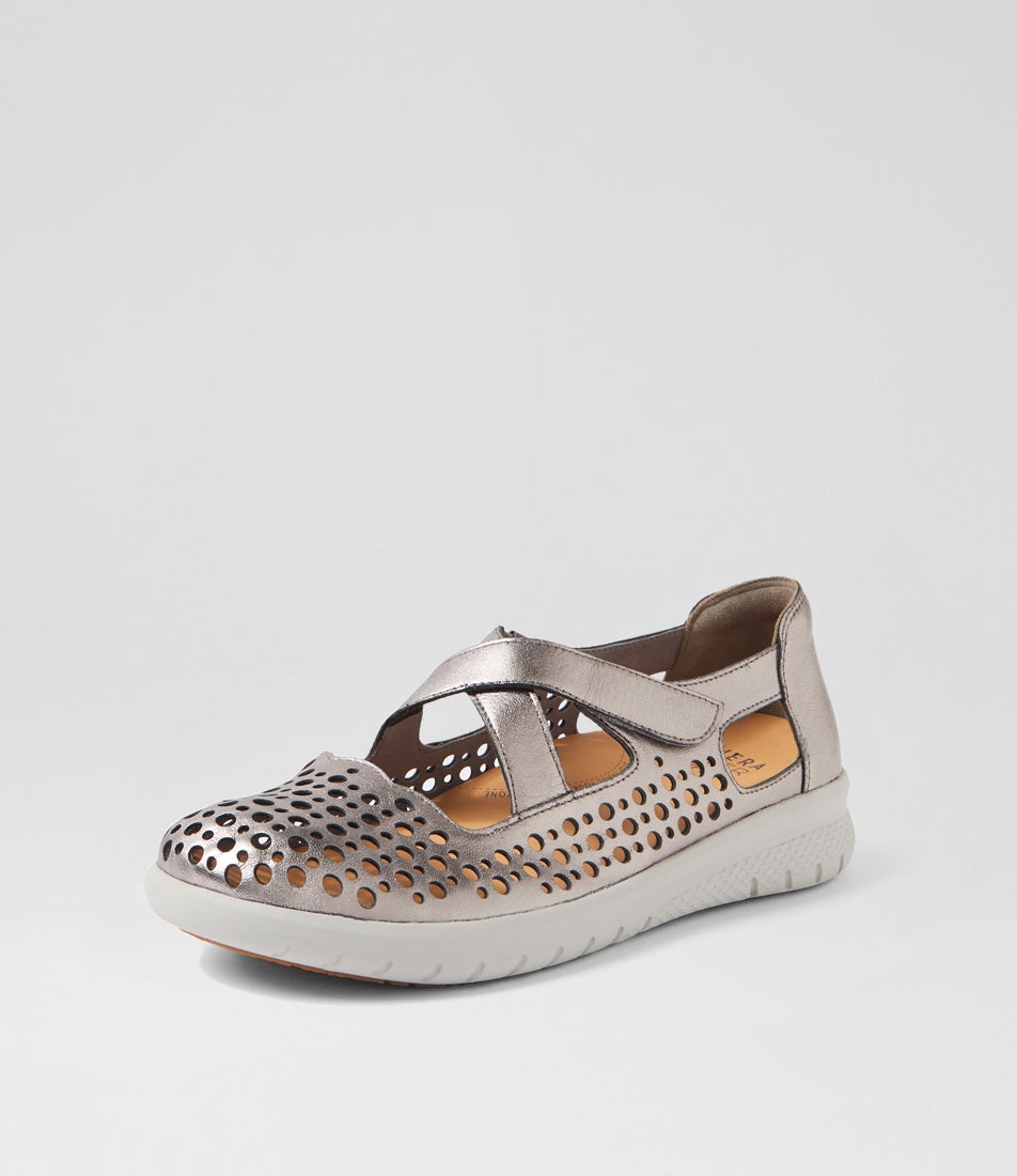 Ziera Sachet closed-toe shoe in pewter leather with floral cutout detailing, breathable design, cushioned footbed, and low-profile sole on a white background