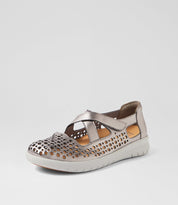 Ziera Sachet closed-toe shoe in pewter leather with floral cutout detailing, breathable design, cushioned footbed, and low-profile sole on a white background