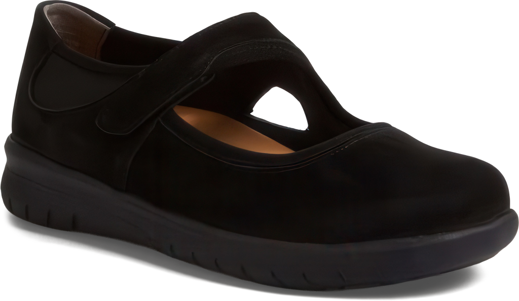 Black Mary Jane shoe with a strap on a white background