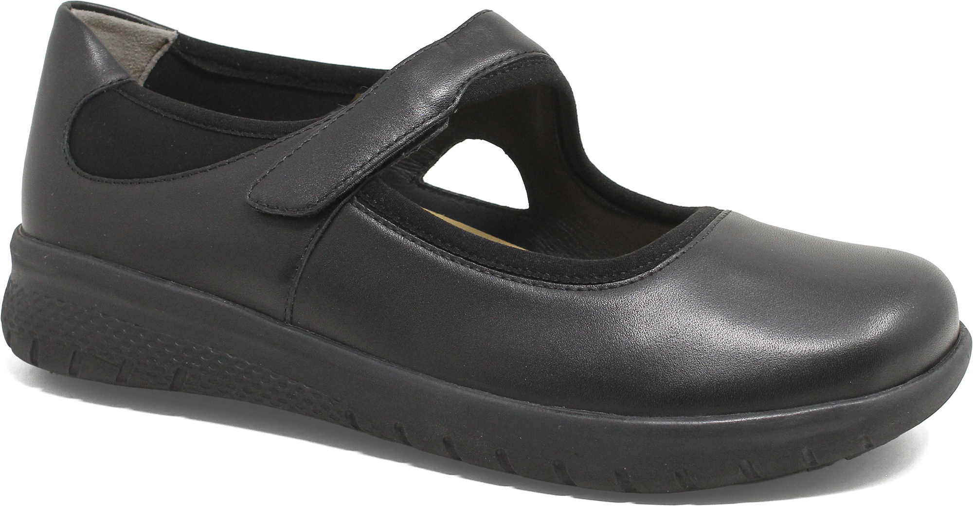 Black Mary Jane shoe with a strap on a white background