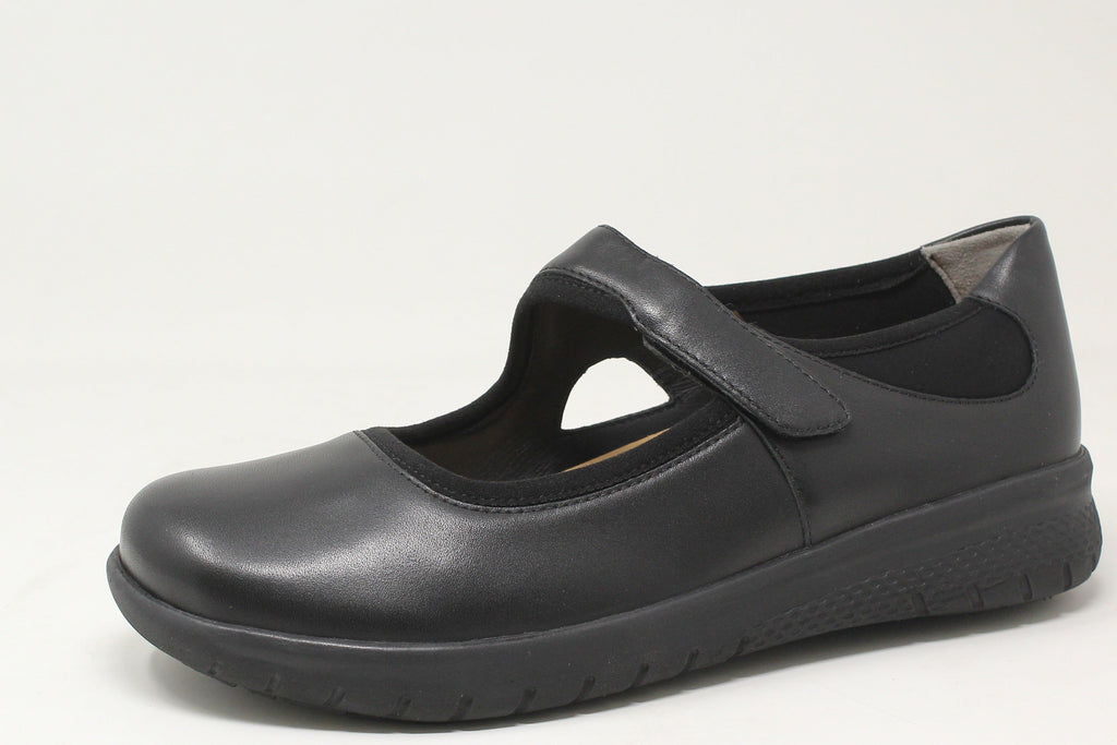 Black shoe with a strap on a white background