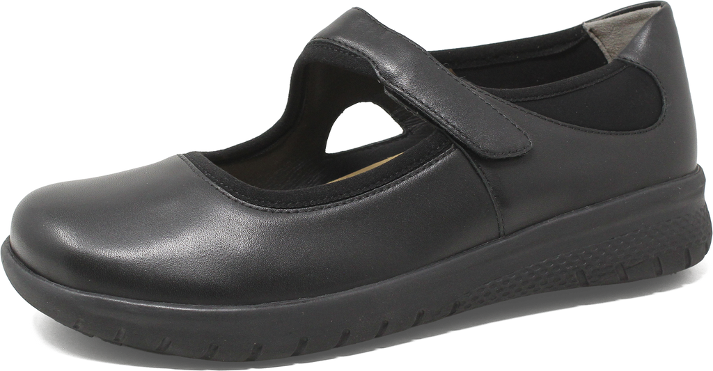 Black Mary Jane shoe with a strap on a white background