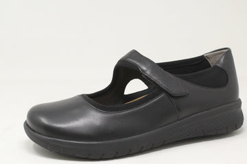 Black shoe with a strap on a white background