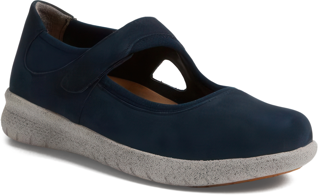Navy blue mary jane shoe with a gray sole on a white background