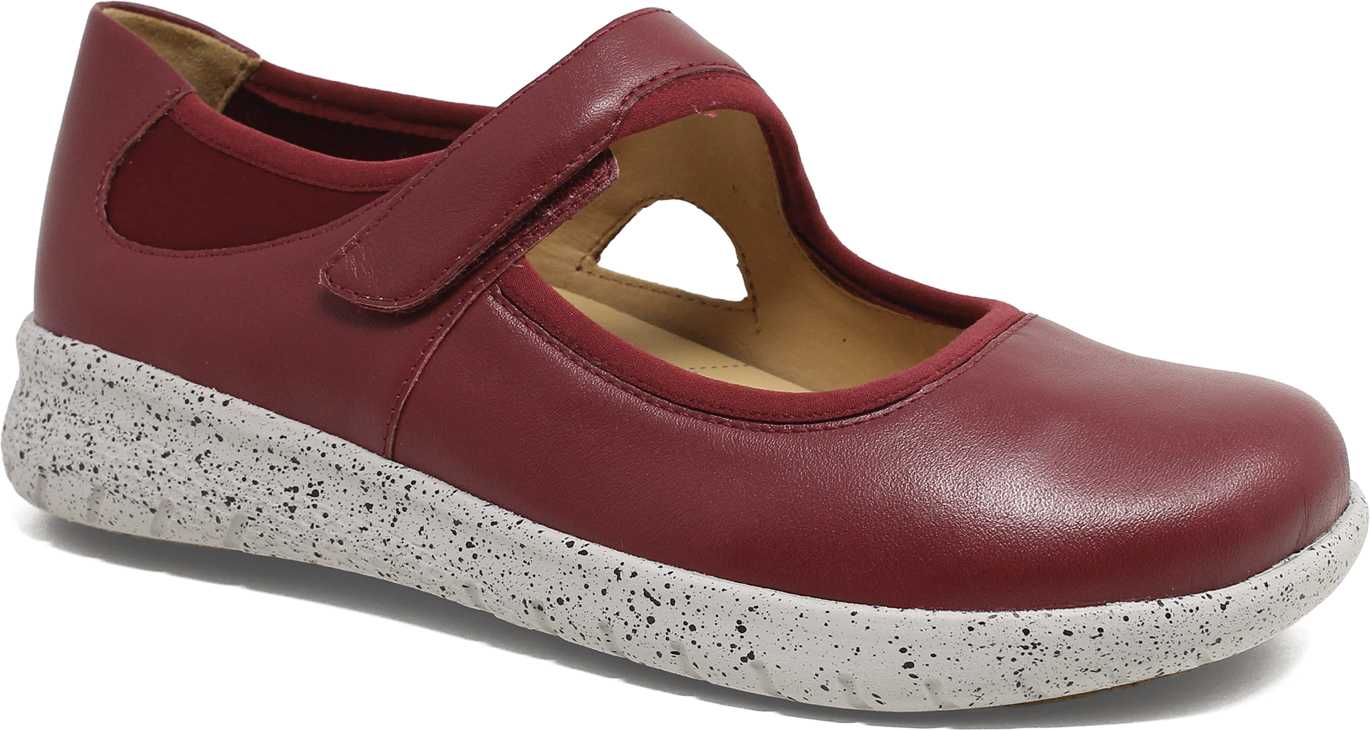 Red shoe with a white sole on a white background