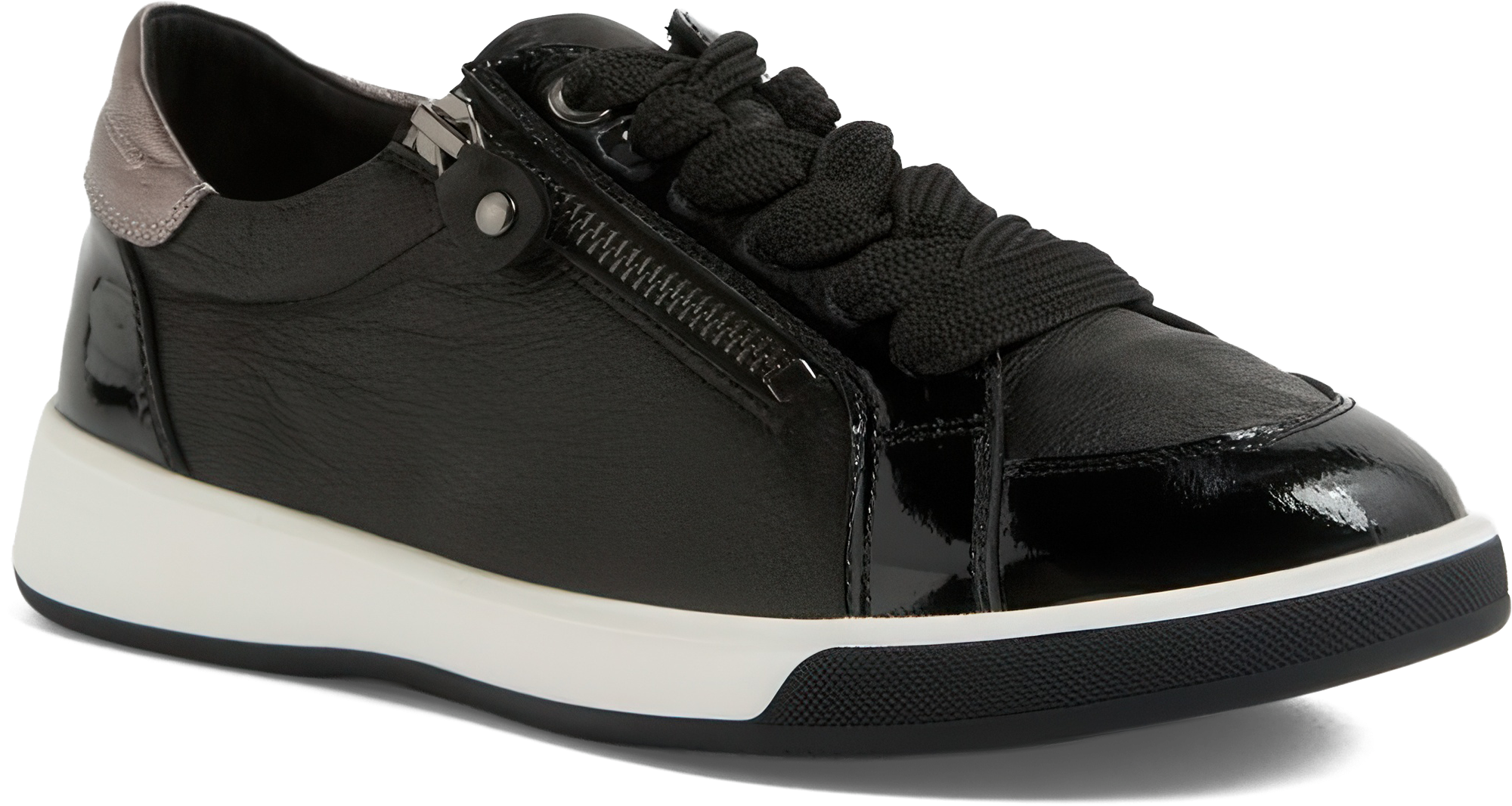 Black patent leather sneaker with white sole on a white background