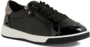Black patent leather sneaker with white sole on a white background