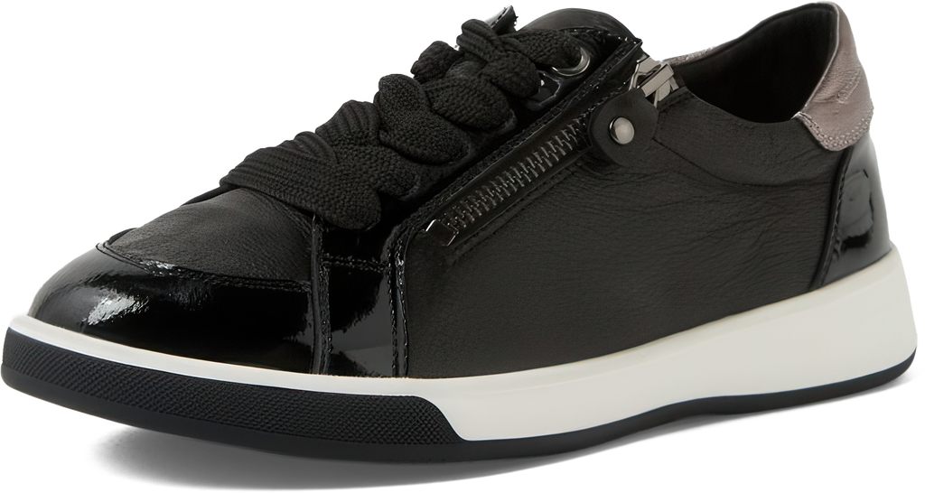 Black patent leather sneaker with white sole on a white background