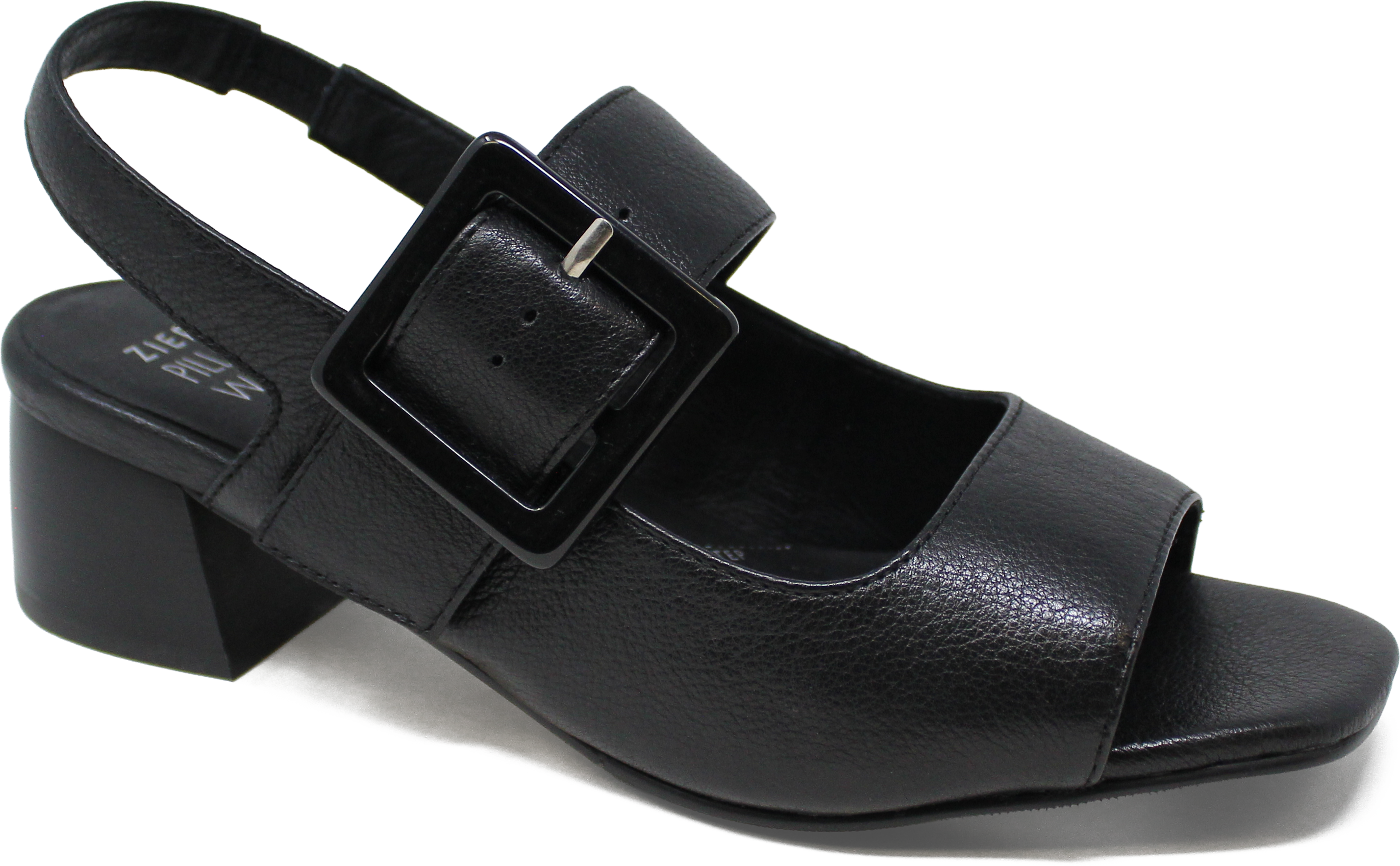 Black sandal with a buckle on a white background