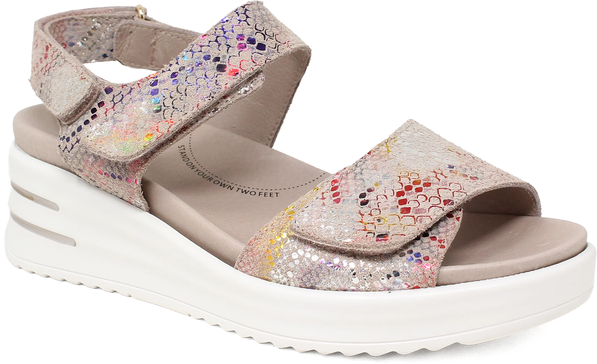 Multicolored sandal with a white sole on a white background