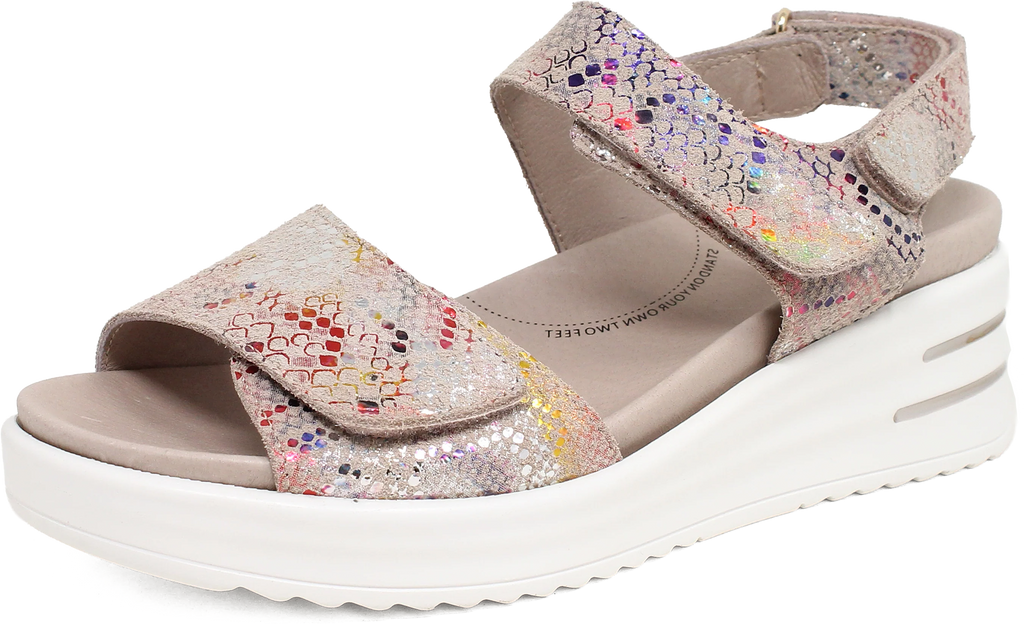 Multicolored sandal with a white sole on a white background