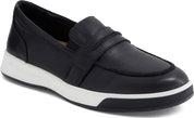 Black loafer shoe with white sole on a white background
