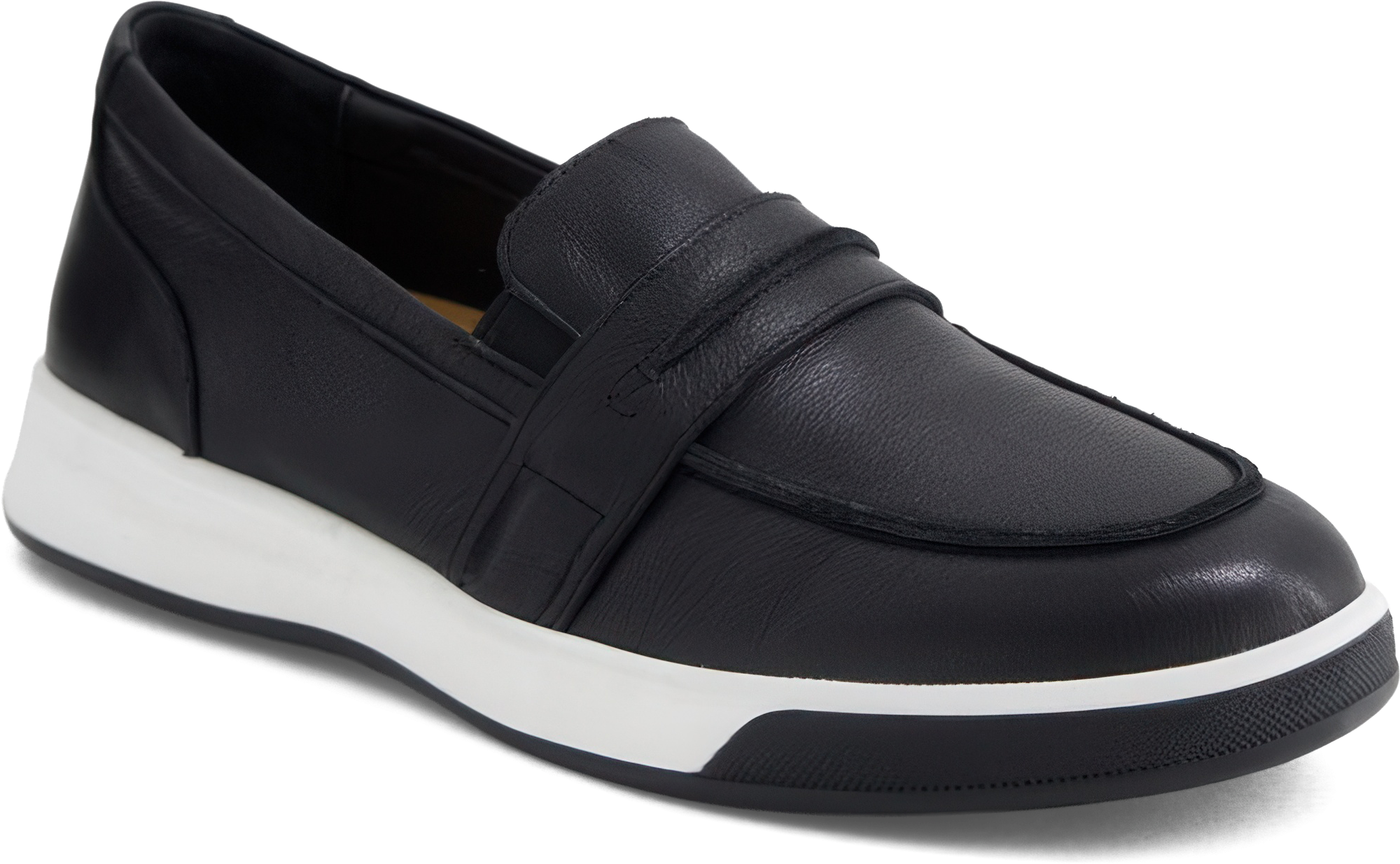 Black loafer shoe with white sole on a white background