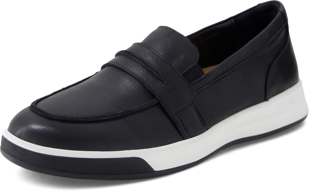 Black loafer shoe with white sole on a white background