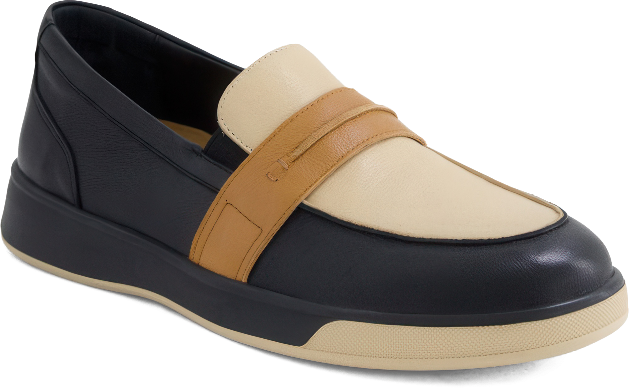Multicolored loafer with black, beige, and brown colors on a white background