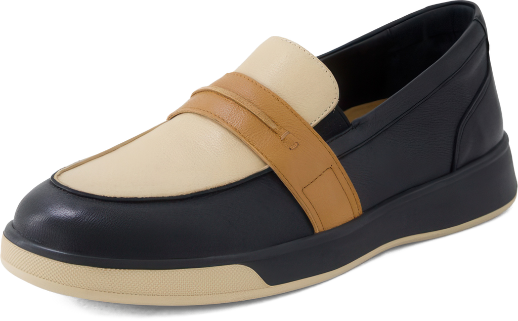 Multicolored loafer with black, beige, and brown colors on a white background