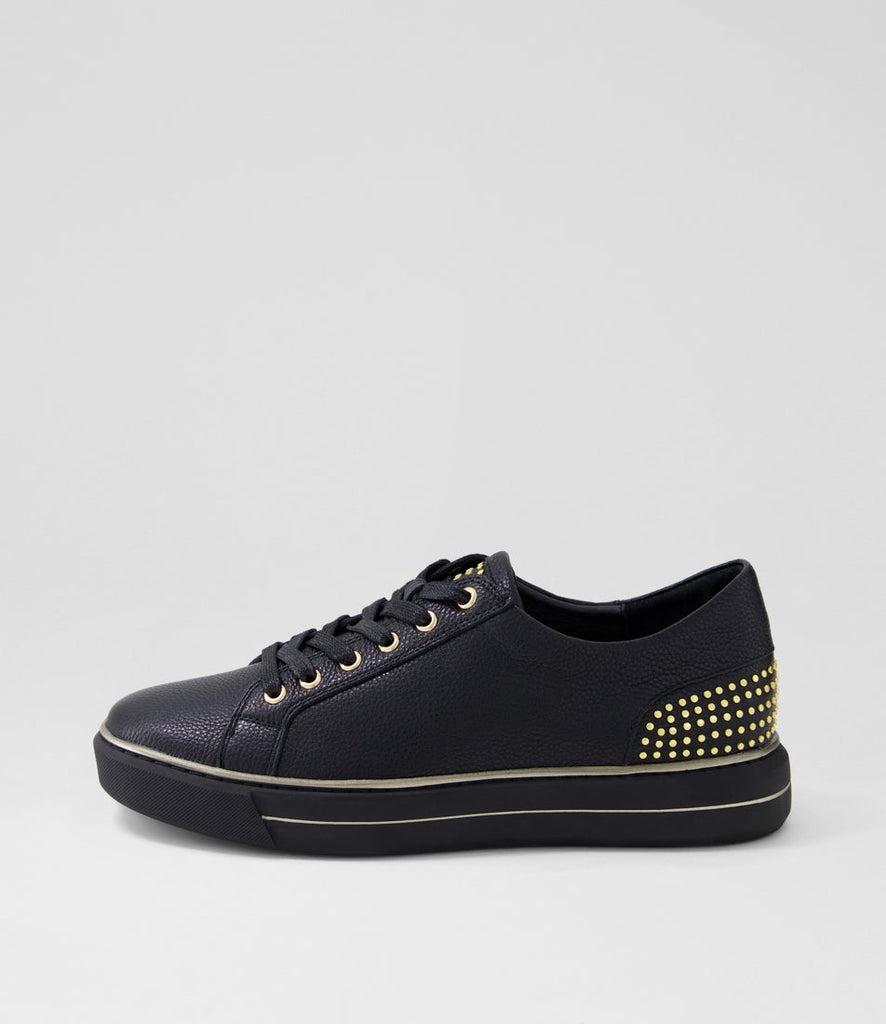 Ziera Kaiya casual lace-up shoe in black leather with metallic heel accents, rounded toe, cushioned footbed, and black supportive sole on a white background