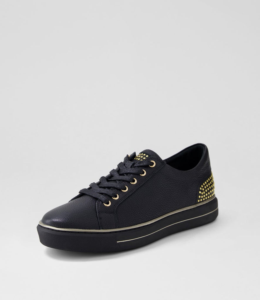 Ziera Kaiya casual lace-up shoe in black leather with metallic heel accents, rounded toe, cushioned footbed, and black supportive sole on a white background