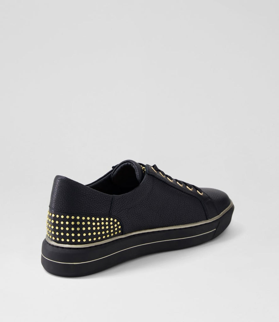 Ziera Kaiya casual lace-up shoe in black leather with metallic heel accents, rounded toe, cushioned footbed, and black supportive sole on a white background