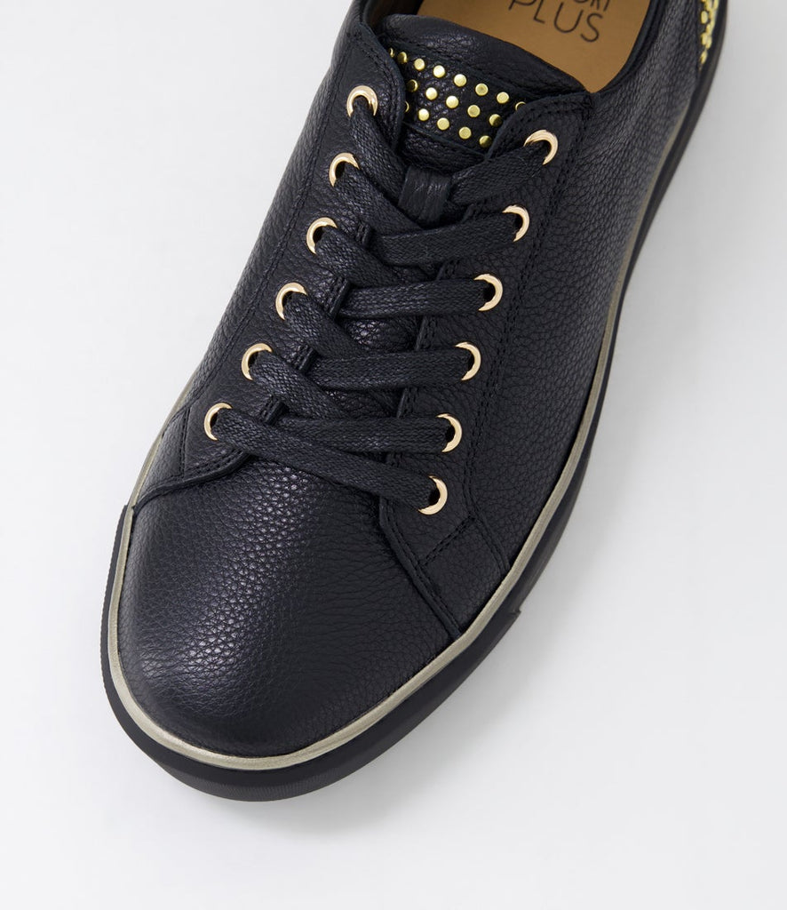 Ziera Kaiya casual lace-up shoe in black leather with metallic heel accents, rounded toe, cushioned footbed, and black supportive sole on a white background