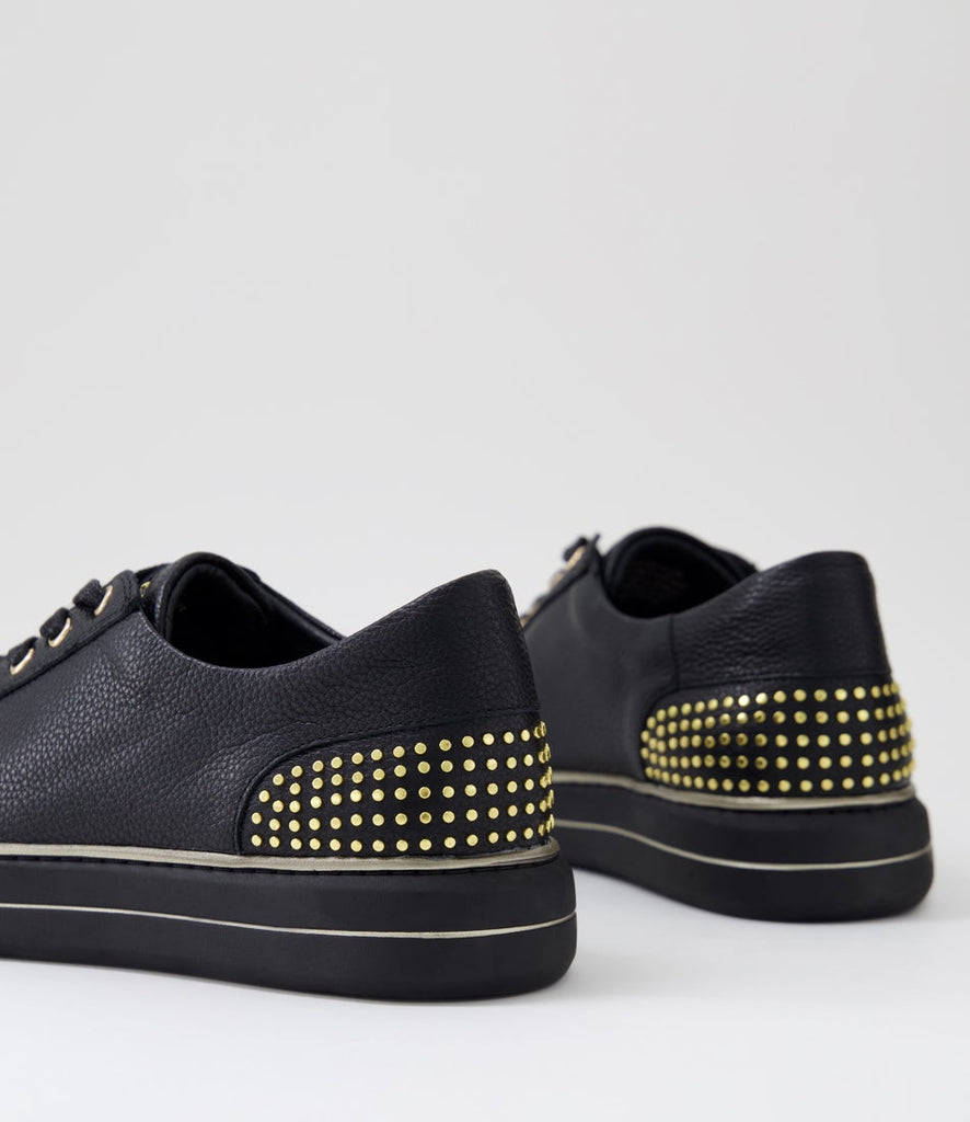 Ziera Kaiya casual lace-up shoe in black leather with metallic heel accents, rounded toe, cushioned footbed, and black supportive sole on a white background