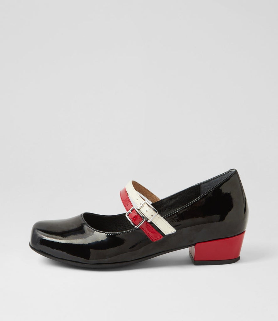 Ziera Quvra Mary Jane shoe in black multi patent leather with glossy finish, adjustable strap, tapered toe, and black supportive sole on a white background