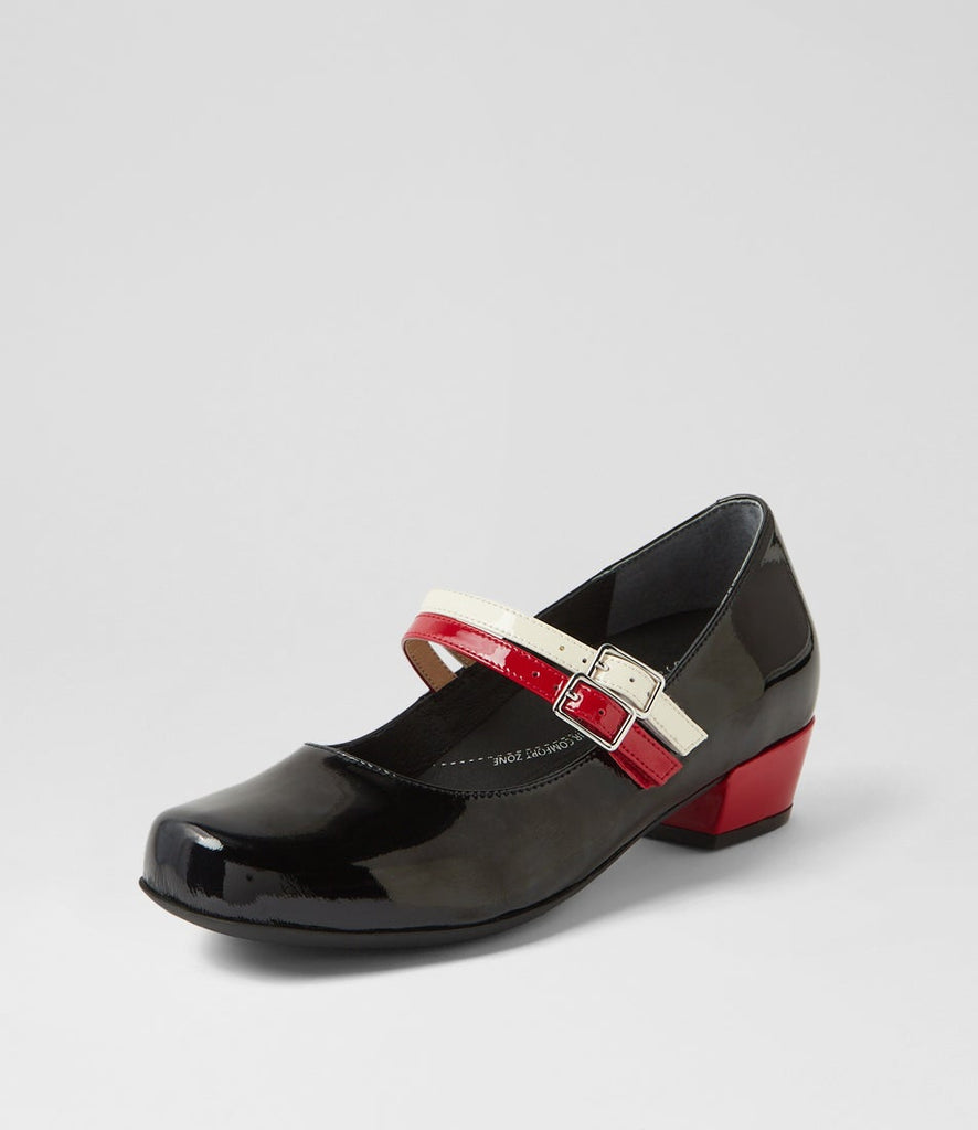 Ziera Quvra Mary Jane shoe in black multi patent leather with glossy finish, adjustable strap, tapered toe, and black supportive sole on a white background