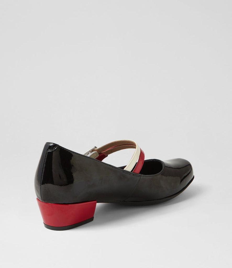 Ziera Quvra Mary Jane shoe in black multi patent leather with glossy finish, adjustable strap, tapered toe, and black supportive sole on a white background