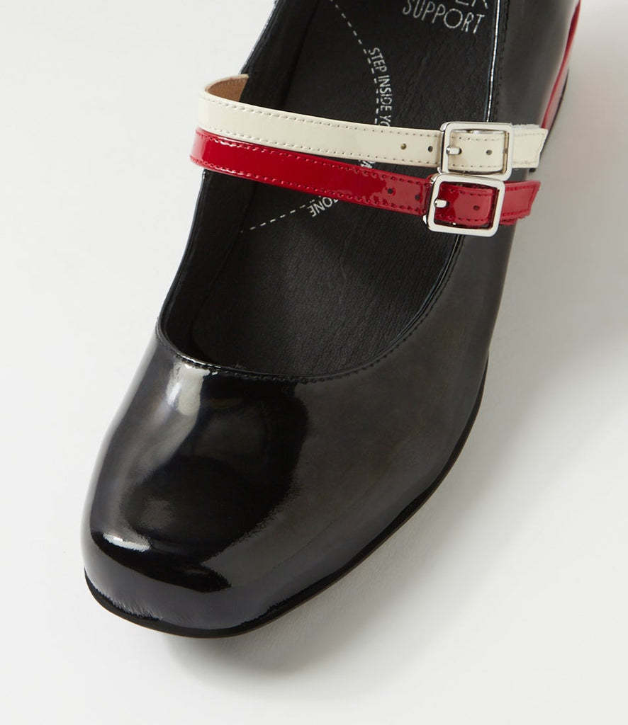Ziera Quvra Mary Jane shoe in black multi patent leather with glossy finish, adjustable strap, tapered toe, and black supportive sole on a white background