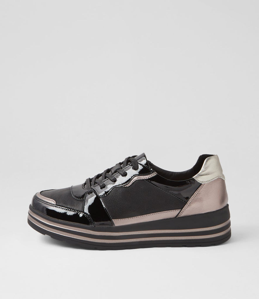 Ziera Vressa casual lace-up shoe in black leather with metallic accent details, rounded toe, cushioned footbed, and black sole on a white background