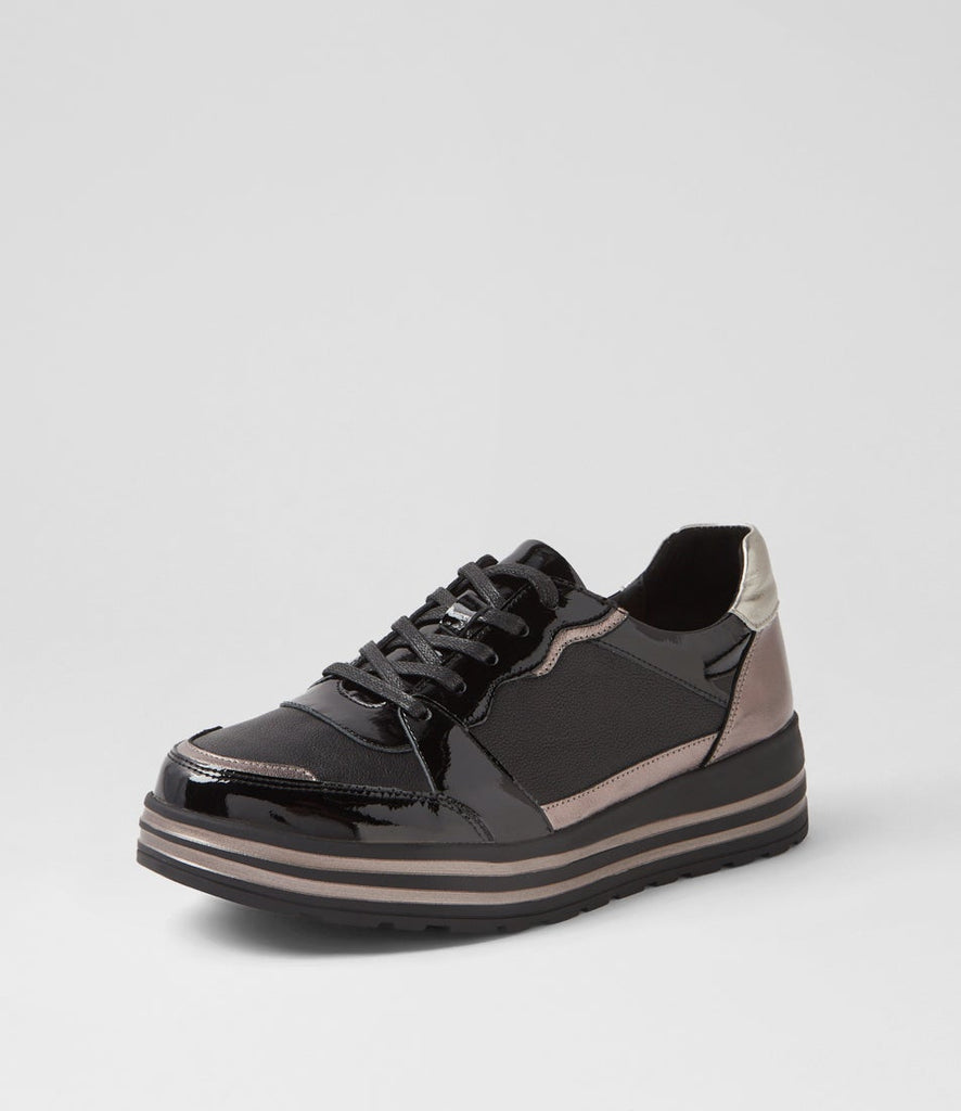 Ziera Vressa casual lace-up shoe in black leather with metallic accent details, rounded toe, cushioned footbed, and black sole on a white background