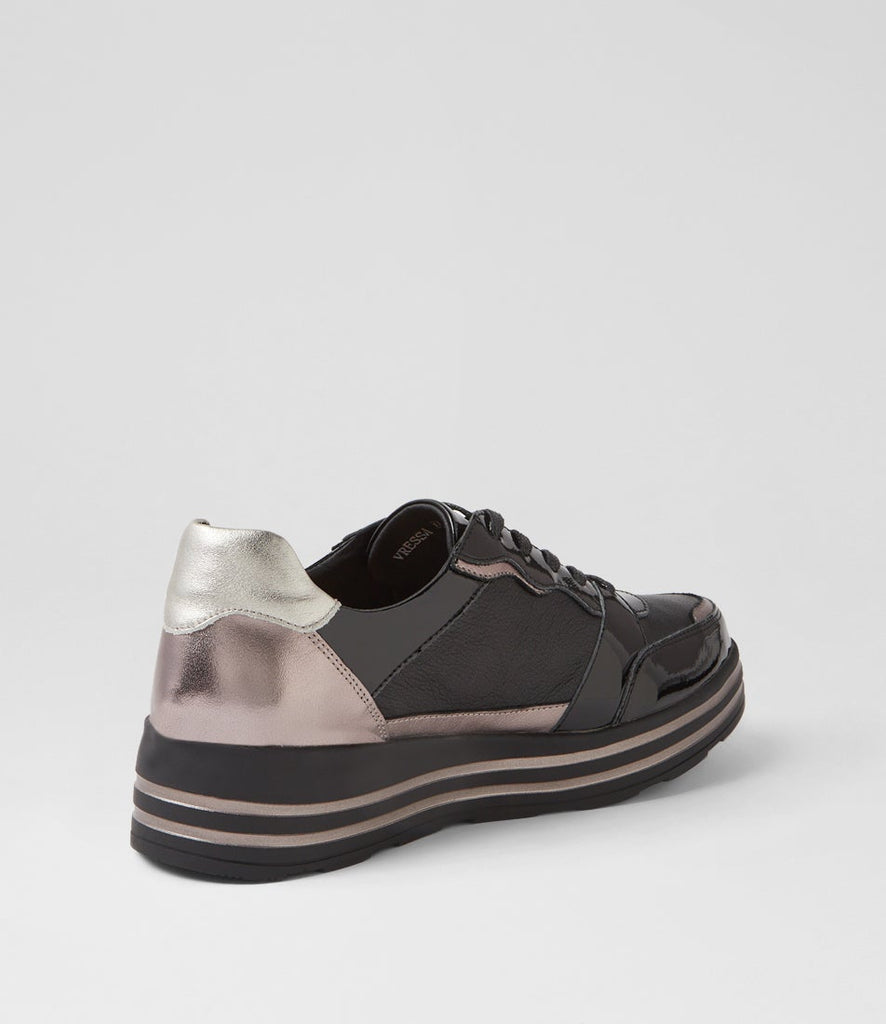 Ziera Vressa casual lace-up shoe in black leather with metallic accent details, rounded toe, cushioned footbed, and black sole on a white background