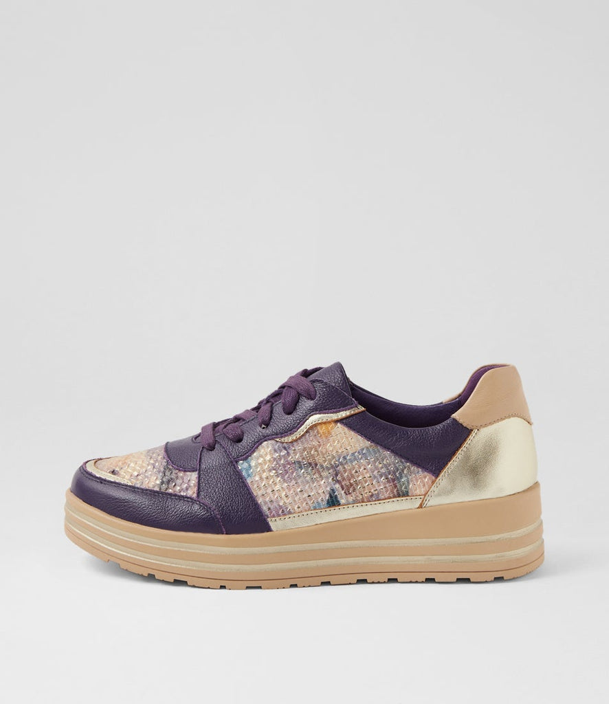 Ziera Vressa casual lace-up shoe in purple multi leather with tan and metallic accent details, rounded toe, cushioned footbed, and tan sole on a white background