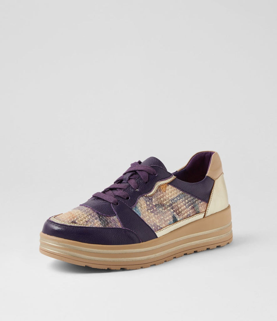 Ziera Vressa casual lace-up shoe in purple multi leather with tan and metallic accent details, rounded toe, cushioned footbed, and tan sole on a white background