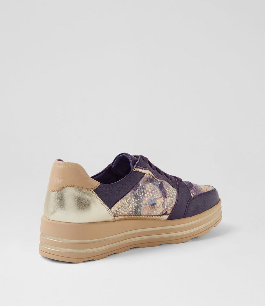 Ziera Vressa casual lace-up shoe in purple multi leather with tan and metallic accent details, rounded toe, cushioned footbed, and tan sole on a white background